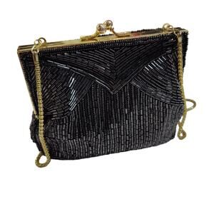 Vintage Magid Intricate Black Beaded Mini Purse Bag Kisslock Formal Prom Gala